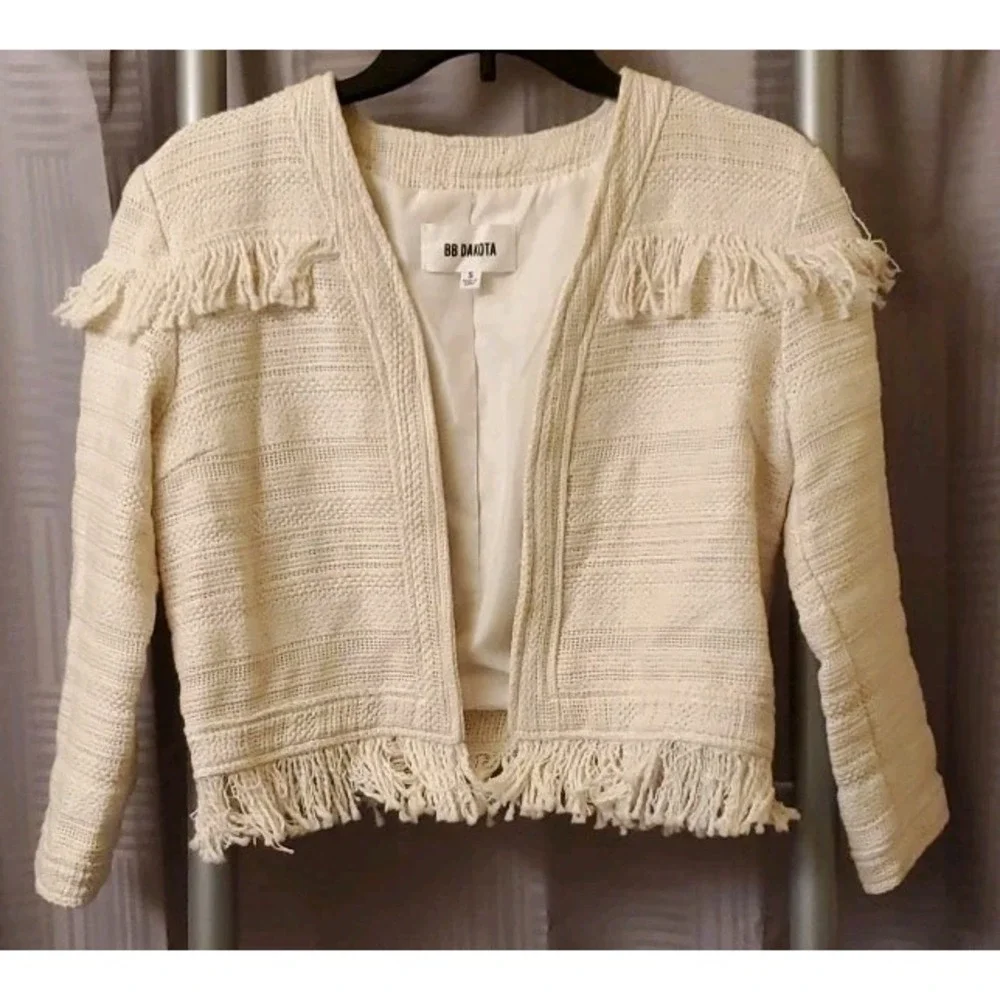 BB Dakota Women's Tweed‎ Cream Fringe Blazer Jacket Sz. Small